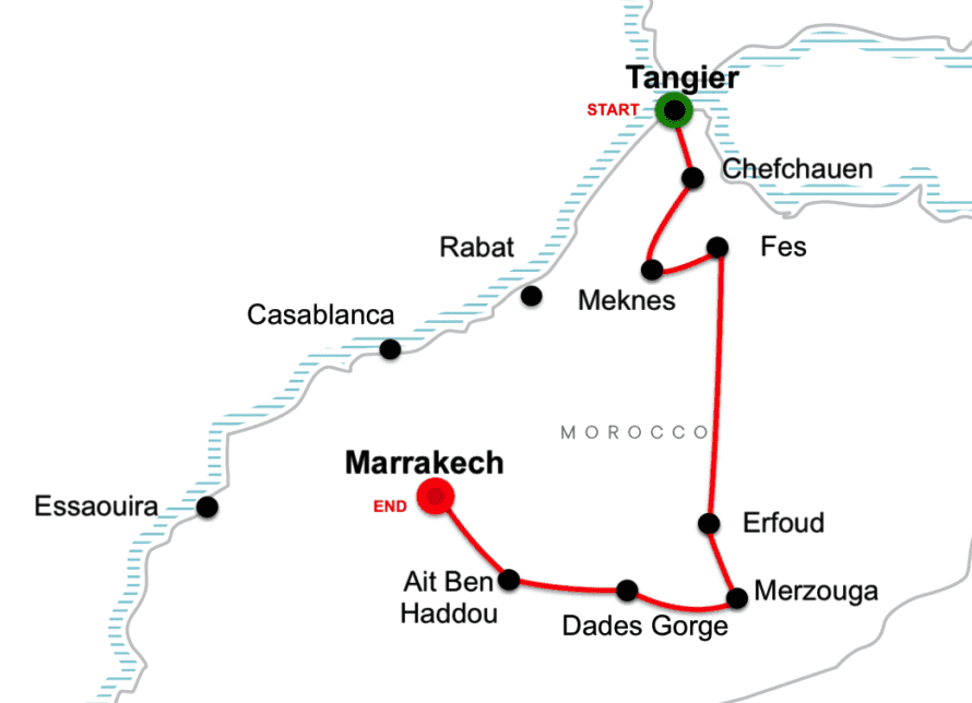 Tangier - imperila cities- sahara desert and marrakech 10 days tour map