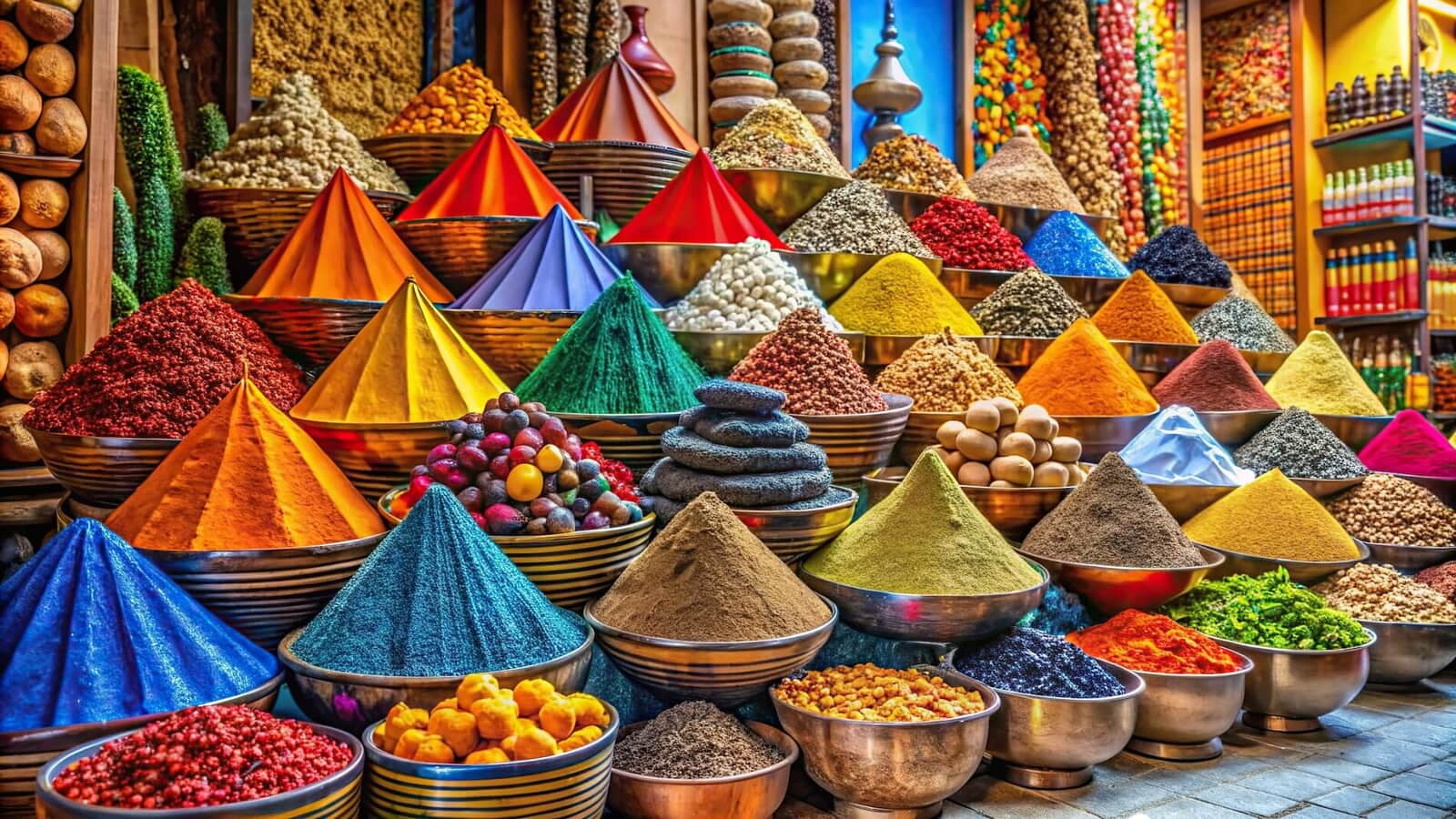 Busy Moroccan souk with spices, baskets, and local handicrafts