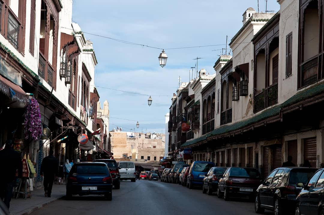 Balconied houses along Rue des Mérinides in the Fes mellah