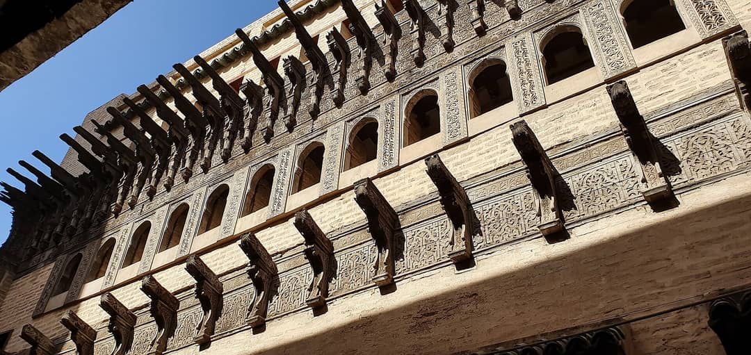 The carved façade of Dar al-Magana, the medieval water clock opposite the Bou Inania Madrasa in Fes
