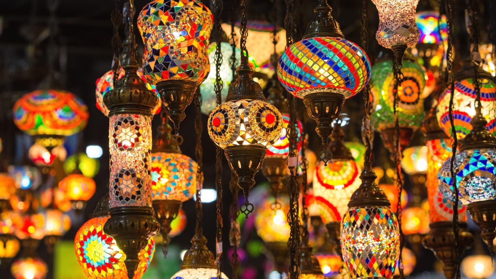 Marrakech medina lantern souk glowing at golden hour