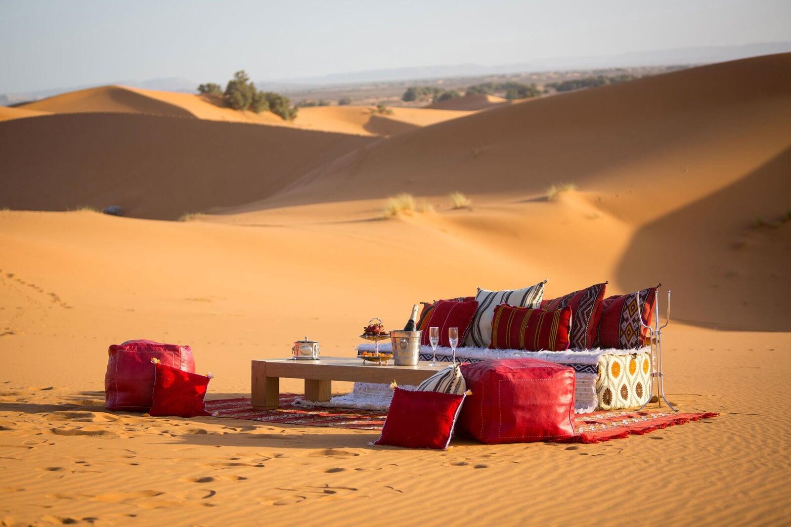 Erg Chigaga Sahara sunrise over golden dunes, southern Morocco