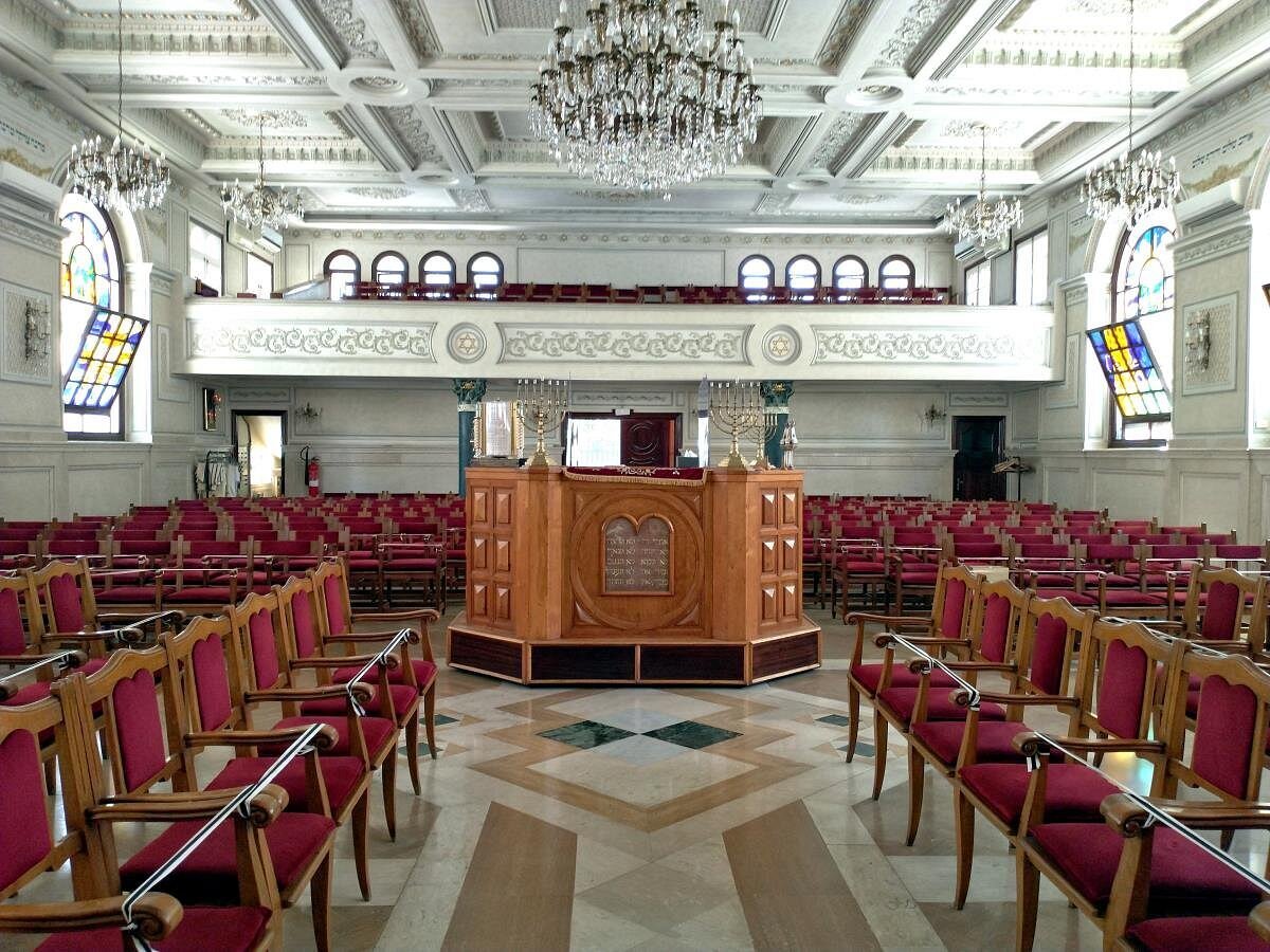 Temple Beth El synagogue stained glass and bimah, Casablanca