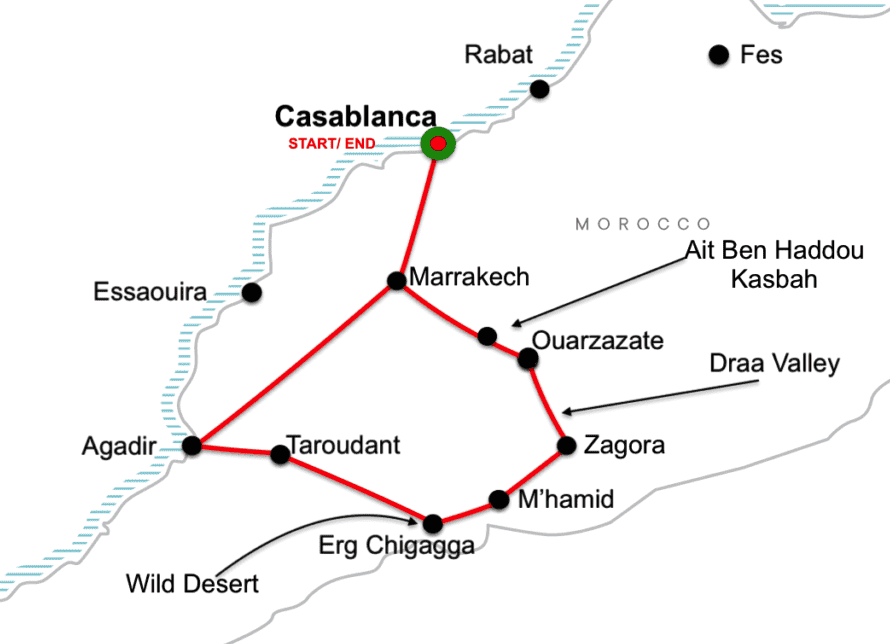 Tangier - imperila cities- sahara desert and marrakech 10 days tour map