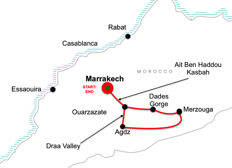 Marrakech and Sahara Desert tour 9 days tour map