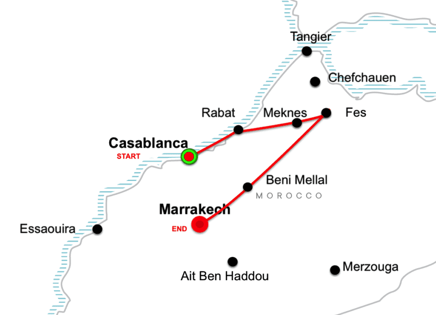 Imperial cities of morocco 9 days tour map