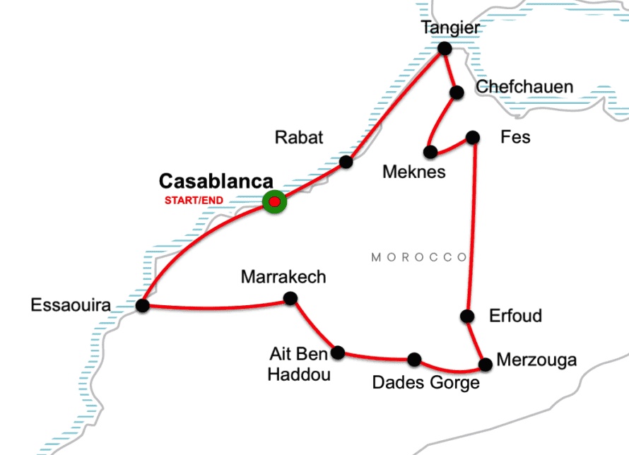 Majestic Morocco tour 14 days tour map