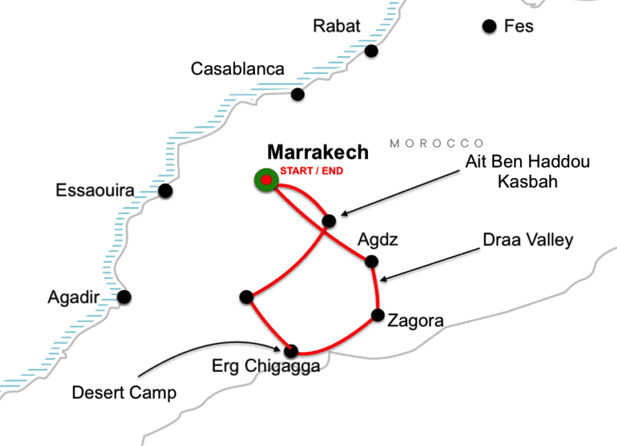 marrakech and erg chigaga tour map