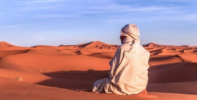 a view of the erg chebbi dunes at sunset in merzouga